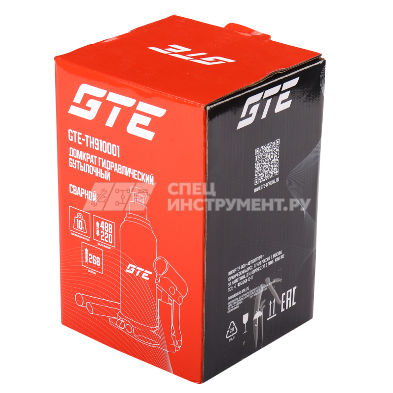 Домкрат гидравлический бутылочный 10т (h min-220мм, h max-488мм, ход штока-268мм) GTE