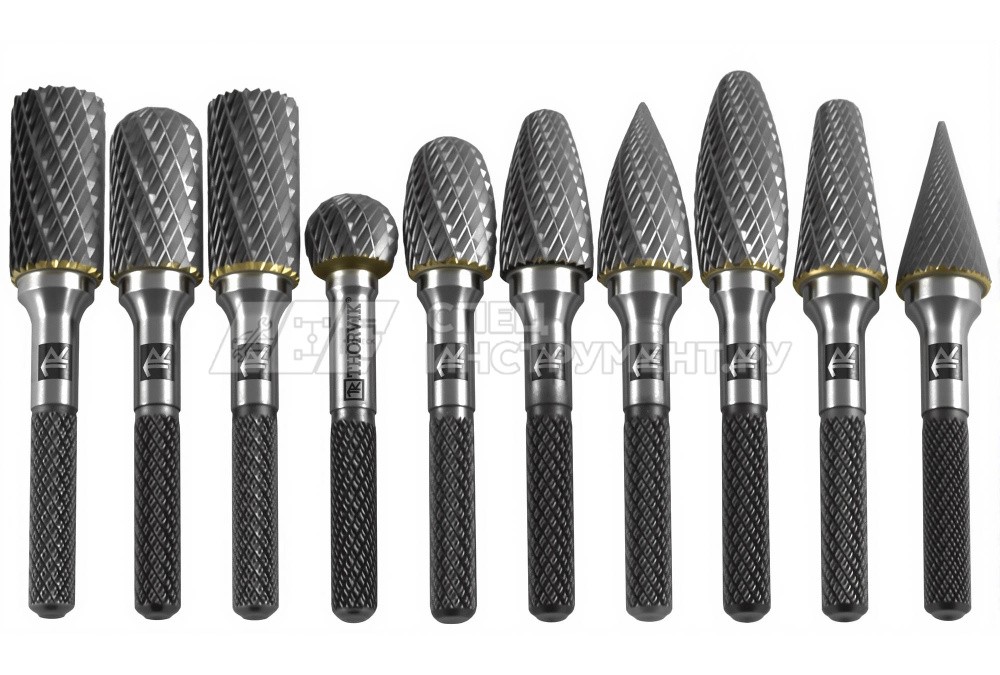 TRRB120610-2S  Набор борфрез твердосплавных, тип A, B, C, D, E, F, G, H, L, M, 12 мм, двойная насечка, в кейсе, 10 предметов