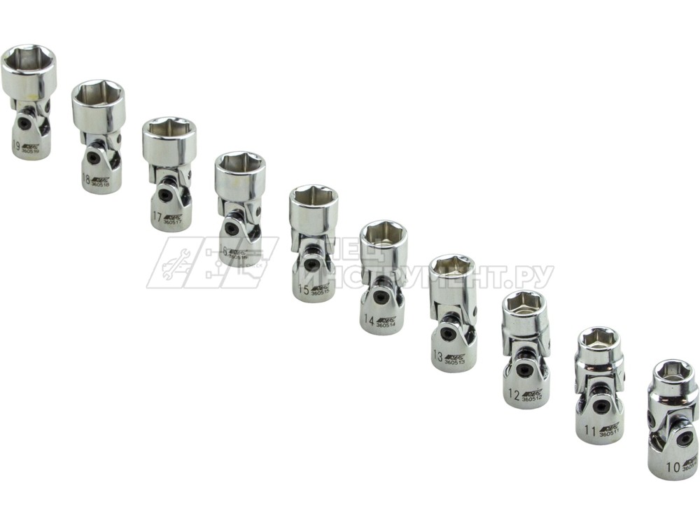 Набор головок торцевых с карданом 3/8" 6-гранных 10-19мм (в кейсе) 10пр.