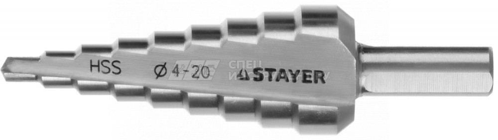 Сверло STAYER "MASTER" ступенчатое по сталям и цвет.мет., сталь HSS, d=4-20мм, 9ступ.d 4-20, L-75 мм,трехгран. хвост. 8мм