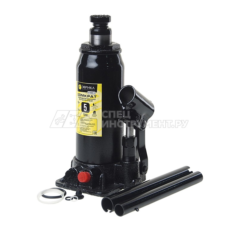 Домкрат гидравлический ER-80051S бутылочный с клапаном 5т, ремкомплект (выс. подъема 215-400мм) в кейсе ЭВРИКА
