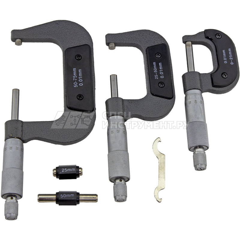 Набор микрометров, 3пр. (0-25, 25-50, 50-75мм, 0.01мм), в футляре