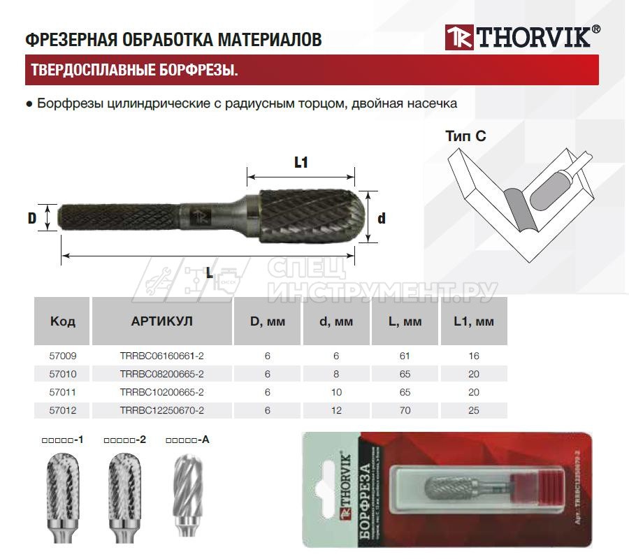TRRBC12250670-2 2 Борфреза твердосплавная цилиндрическая с радиусным торцом, тип C, 12 мм, двойная насечка, в боксе