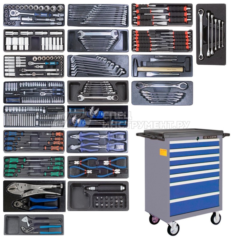 Тележка инструментальная 387 пр., 7 полок, пласт. стол., сине-серая