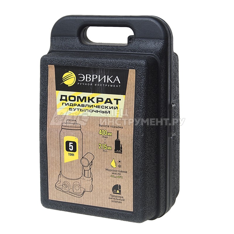 Домкрат гидравлический ER-80051S бутылочный с клапаном 5т, ремкомплект (выс. подъема 215-400мм) в кейсе ЭВРИКА