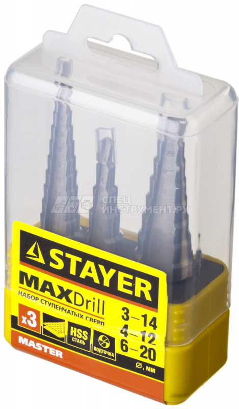 Набор STAYER "MASTER" Ступенчатые сверла по сталям и цвет.мет,HSS,d=3-14mm,12ст.d 4-12mm 5ступ,d 6-20mm 8ступ