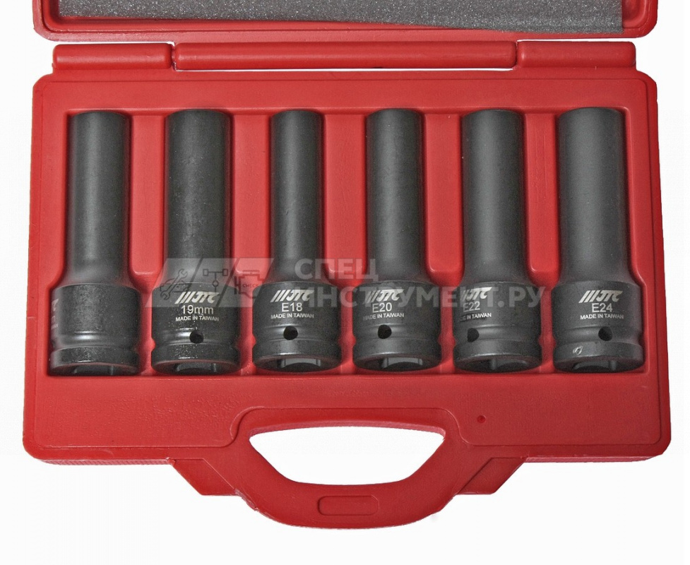 Набор головок торцевых ударных TORX 3/4" E18-E24, 12-гранных 17-19мм, длина 110мм (в кейсе) 6шт