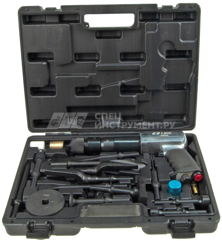 Пневмомолоток с набором зубил и насадок 19пр., (ход 10мм, 2100 ударов/мин, 6bar, NTP 1/4") в кейсе LG-94702 LIGE /1 NEW