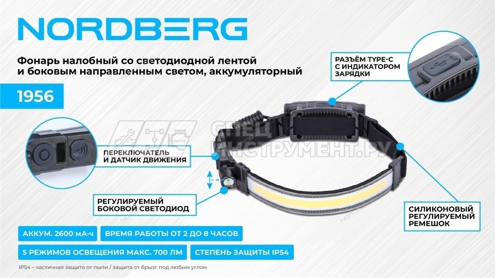 Фонарь налобный со светодиодной лентой и боковым направленным светом, аккумуляторный