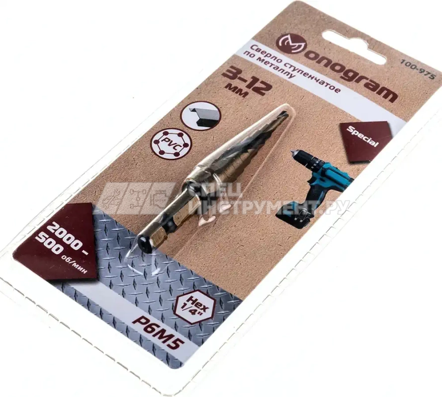 Сверло ступ. по мет. витое 3-12мм, 10 ступ.,шаг 1мм, Р6М5, Hex 1/4", MONOGRAM Special 100-975