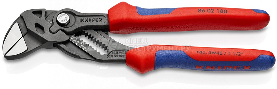 Клещи переставные - гаечный ключ, 40 мм (1 1/2"), L-180 мм, Cr-V, серые, 2-компонентные рукоятки