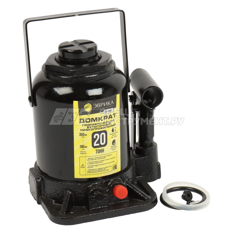 Домкрат гидравлический ER-81002 бутылочный низкопроф. с клапаном 20т, ремкомп (выс. подъема 185-350мм, ход штока 110мм, ход винта 55мм) ЭВРИКА