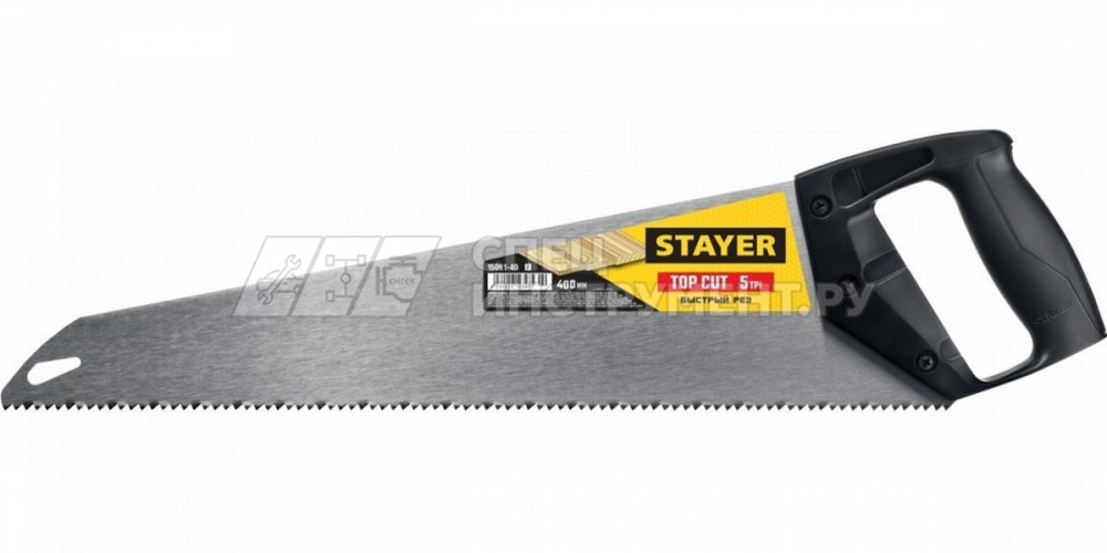 Ножовка ударопрочная (пила) "TopCut" 400 мм, 5 TPI, быстрый рез поперек волокон, для крупных и средних заготовок, STAYER