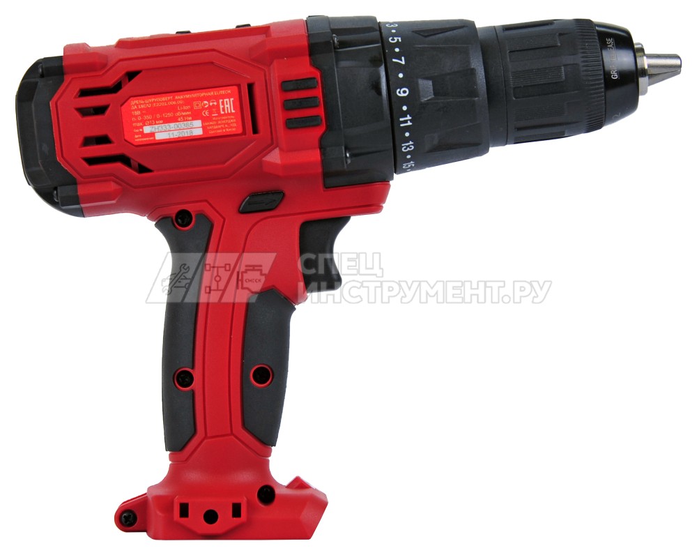 Дрель акк, 18В, Li-ion, БЗП-13мм, 0-350/1250об/м, 45Нм, 1.3кг, кор, подсветка, инд.зар, б/акк и з/у, 191616