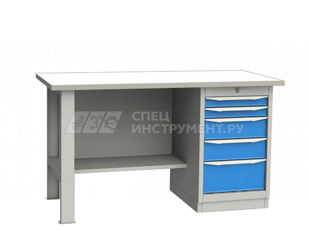 Верстак однотумбовый тумба с 5 ящиками с оцинкованной столешницей 1700 мм (синий RAL5005)