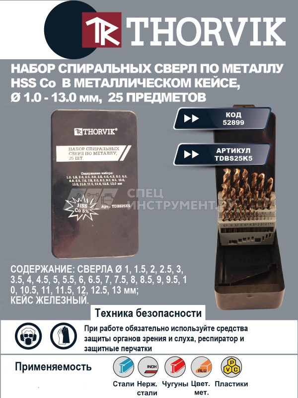 Набор спиральных сверл по металлу HSS Co в металлическом кейсе, d1.0-13.0 мм, 25 предметов