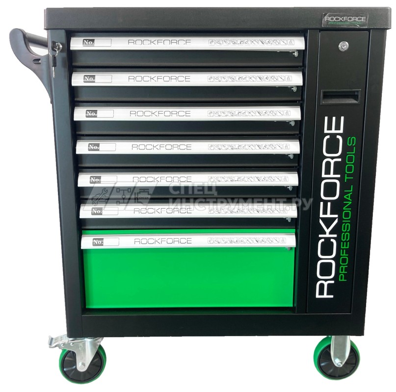 Тележка инструментальная RF-55299 7 секций с дополнительной боковой секцией, 600х790х970 (полки:65х500х395-6шт,200х500х395мм-1шт), (зеленая) ROCKFORCE