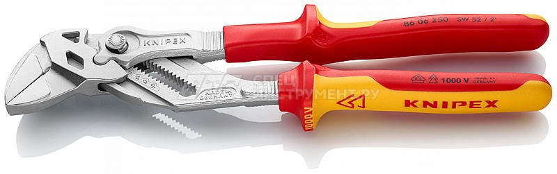 Клещи переставные - гаечный ключ, VDE 1000V, 52 мм (2"), L-250 мм, диэлектрические, Cr-V, хромированные, 2-компонентные рукоятки