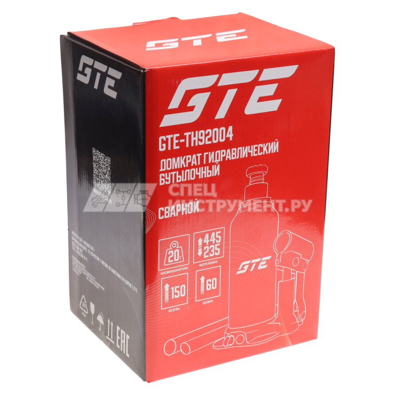 Домкрат гидравлический бутылочный 20т (h min-235мм, h max-445мм, ход штока-150мм, ход винта-60мм) GTE /1/2