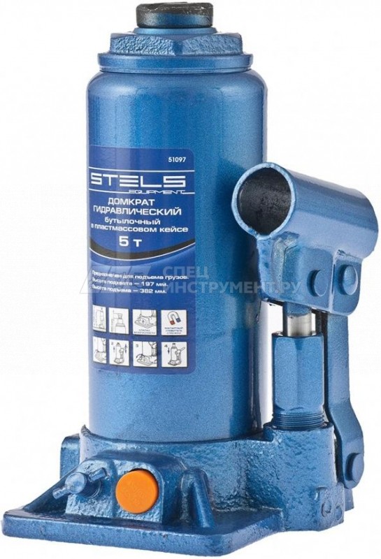 Домкрат гидравлический бутылочный, 5 т, h подъема 197-382 мм// STELS