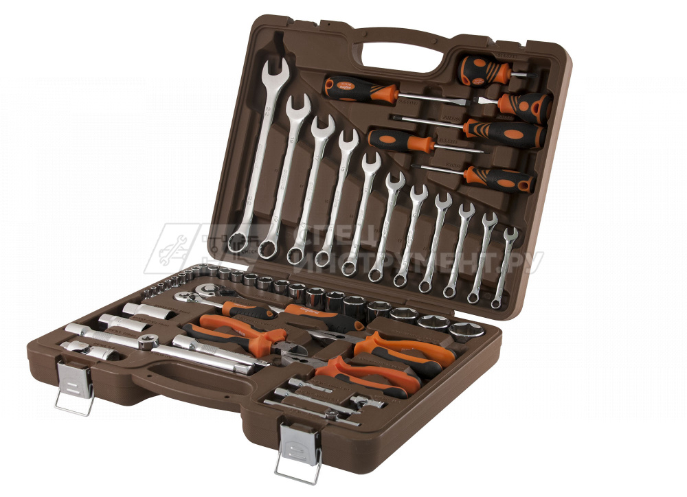 Универсальный набор инструмента торцевые головки 1/4", 1/2"DR 4-32 мм, аксессуары к ним, комбинированные ключи 8-22 мм, отвертки, 55 предметов