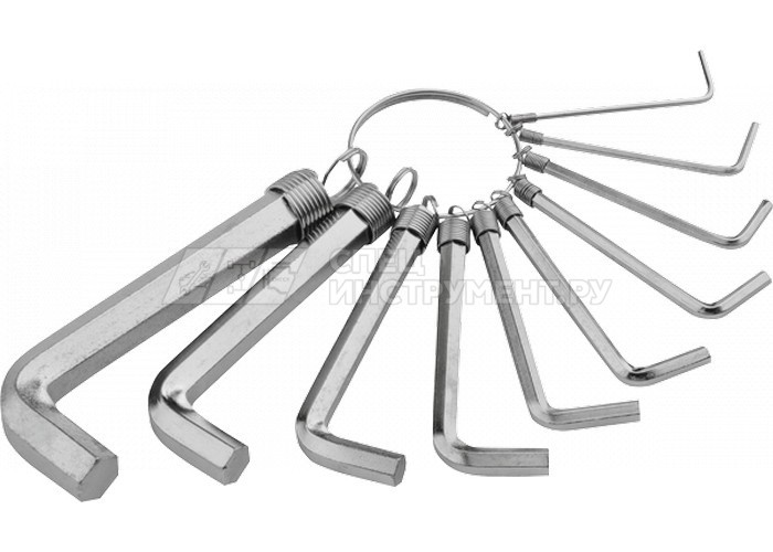 Набор ключей имбусовых HEX, 1,5–10 мм, CrV, 10шт,,никелированный, на кольце