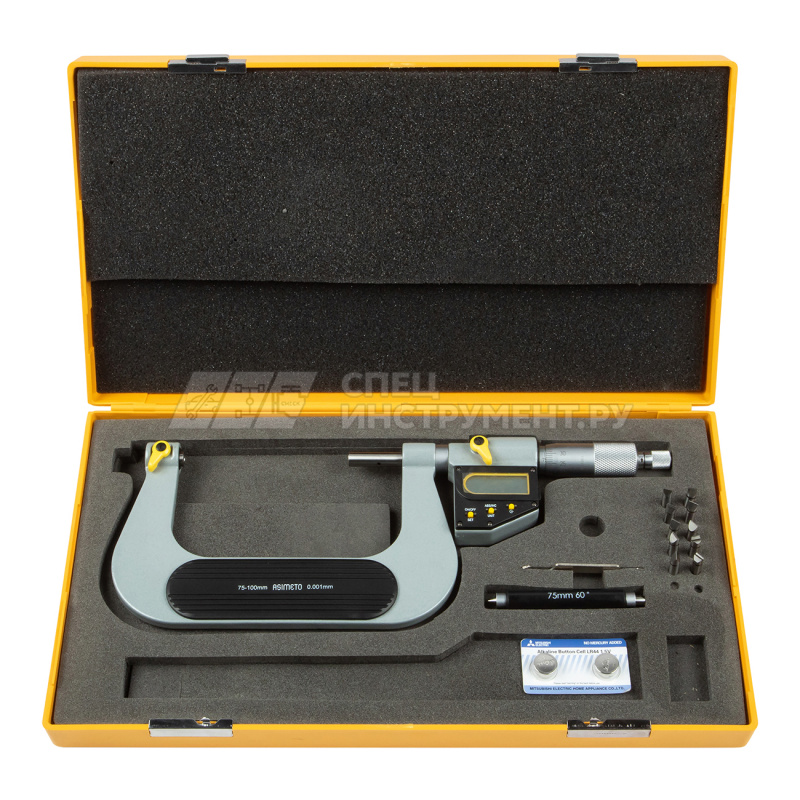 Микрометр для измерения резьбы цифровой IP65 со вставками 0,001 мм, 75-100 мм