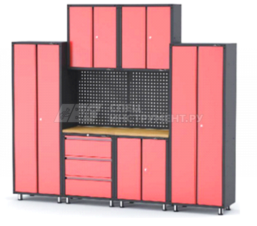 Комплект металлической гаражной мебели 9 пр. 460х2180х2670мм (шкаф навесной двухстворчатый 1 полка: 300х660х760-2шт; шкаф напольный двухстворчатый 3 п