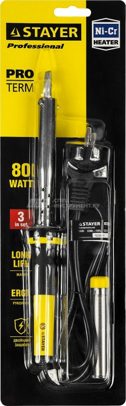 Паяльник STAYER "PROFI" SMAXTerm с двухкомпонентной рукояткой и долговечным жалом, в комплекте (припой и подставка), 80 Вт, клин